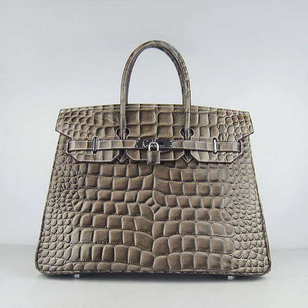 High Quality Fake Hermes Birkin 35CM Crocodile Veins Leather Bag Khaki 6089